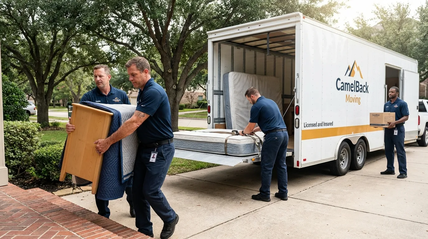 Crew loading residential truck for cross-state move from Rush Springs, OK
