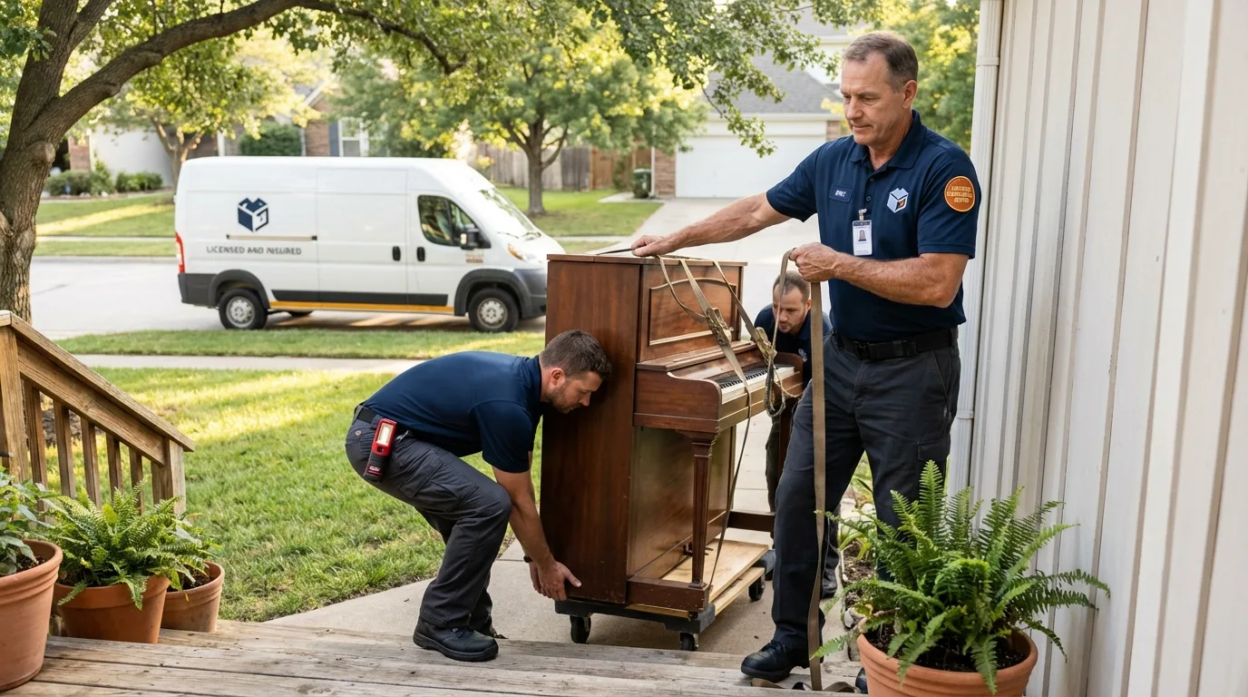 Licensed piano movers securing grand piano in Rush Springs, OK