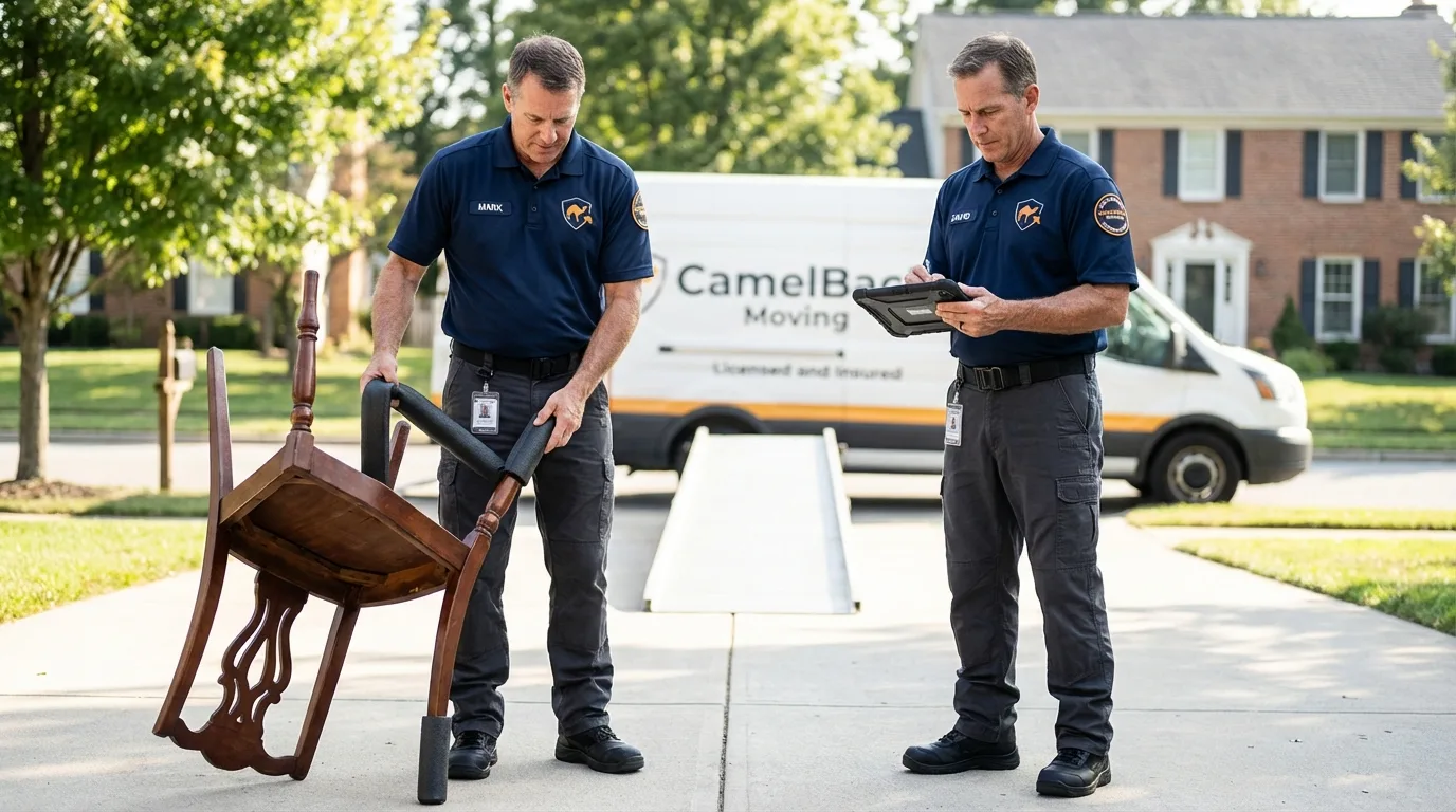 Movers inspecting furniture for damage prevention before loading in Rush Springs, OK