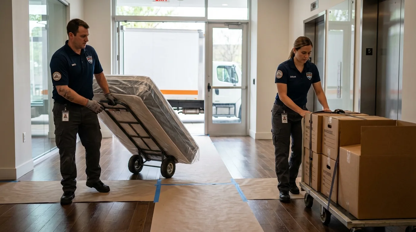 Professional apartment movers loading elevator in Rush Springs, OK