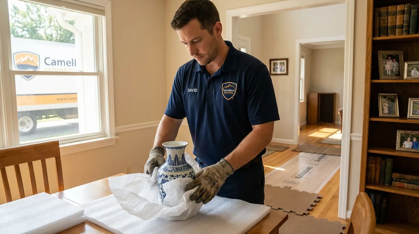 Professional crew carefully wrapping antique vase for senior downsizing move in Rush Springs, OK